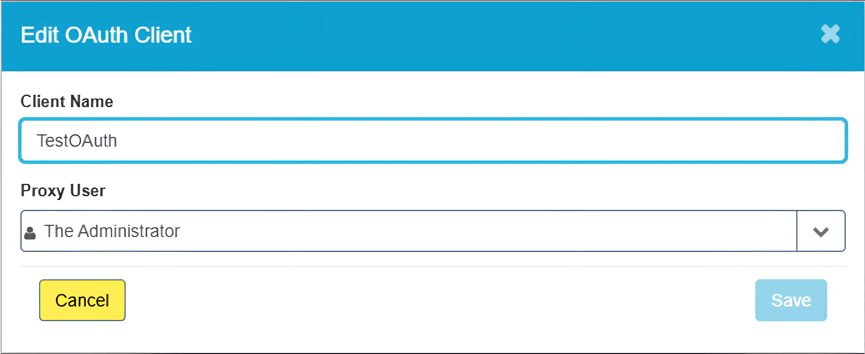Edit OAuth Client interface window showing the configuration of client name and proxy user.