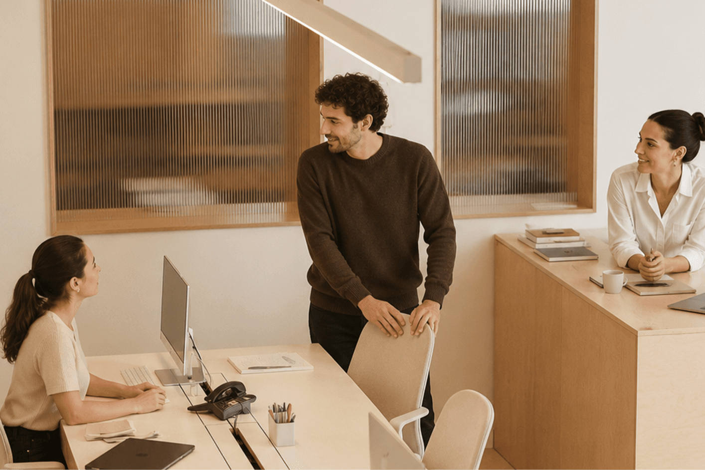 Two women and One man in a corporate office discussing
