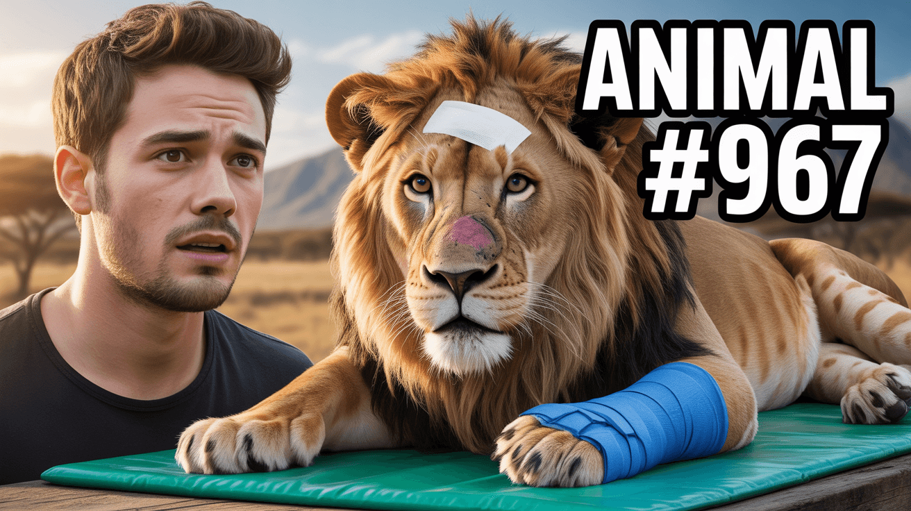 MrBeast-style animal rescue thumbnail with worried host and injured lion wearing a blue cast