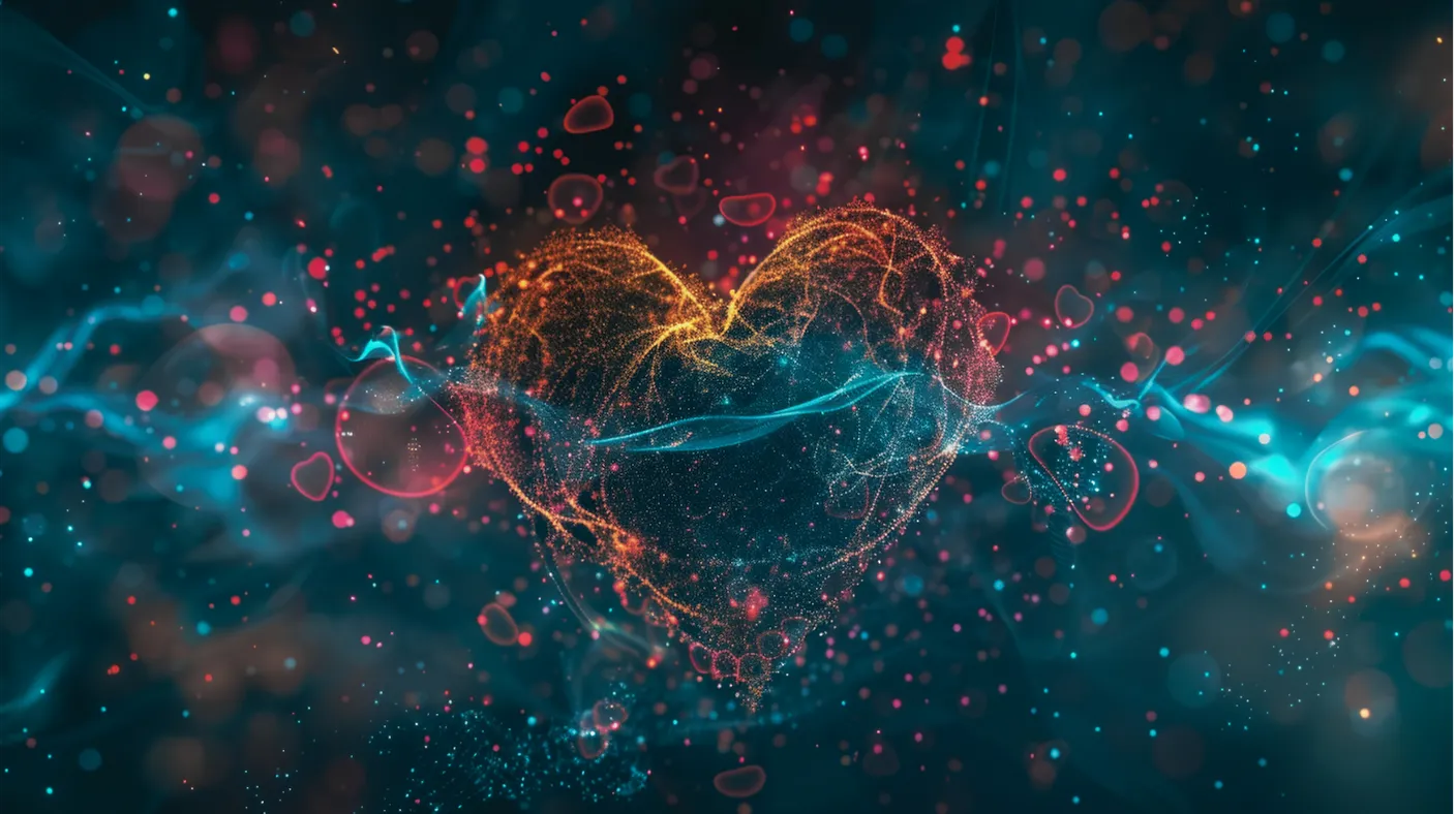 Glowing digital heart made of colorful particles and light trails against a dark background.