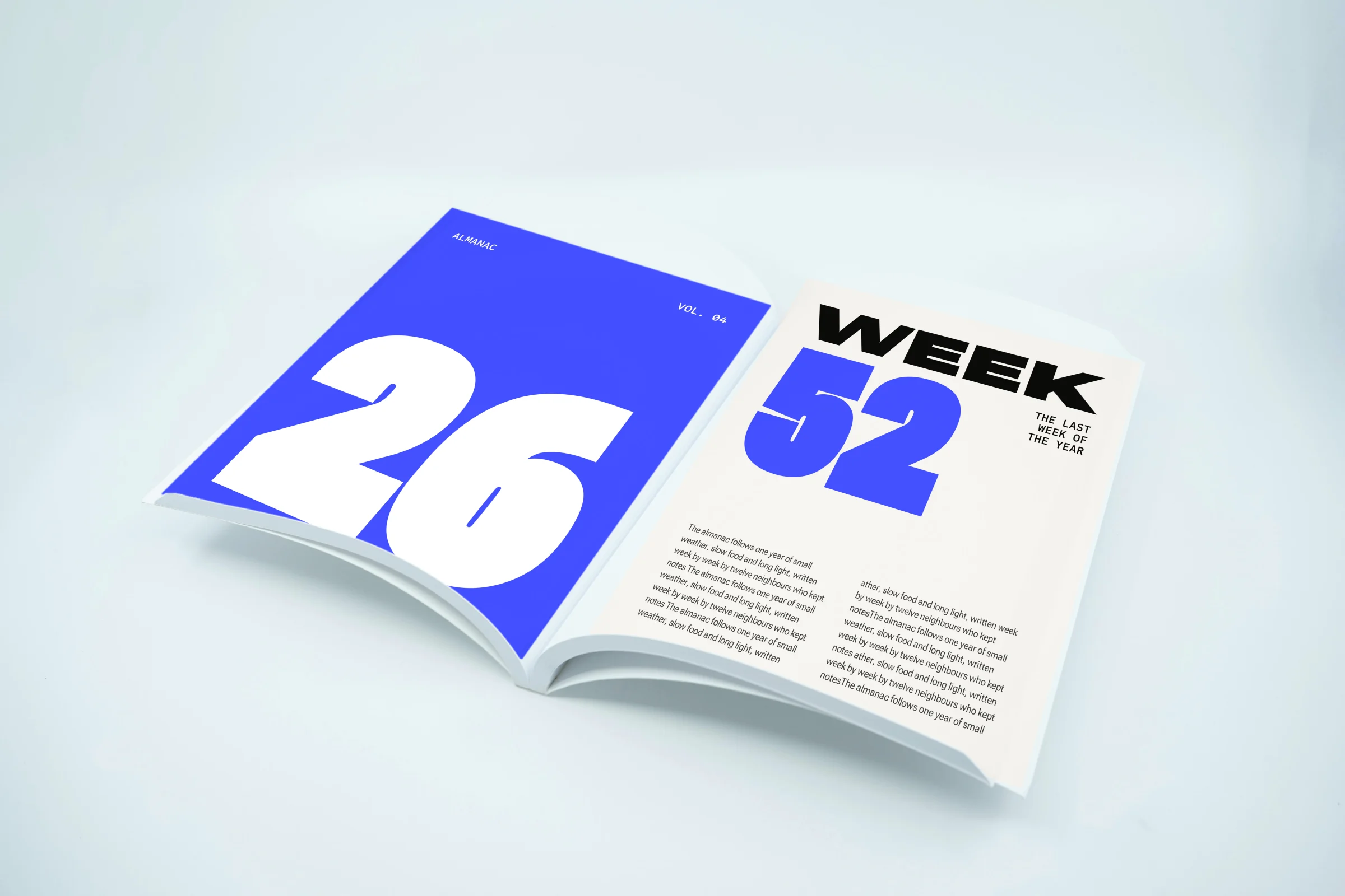 Open Almanac book with a cobalt 26 and WEEK 52 spread