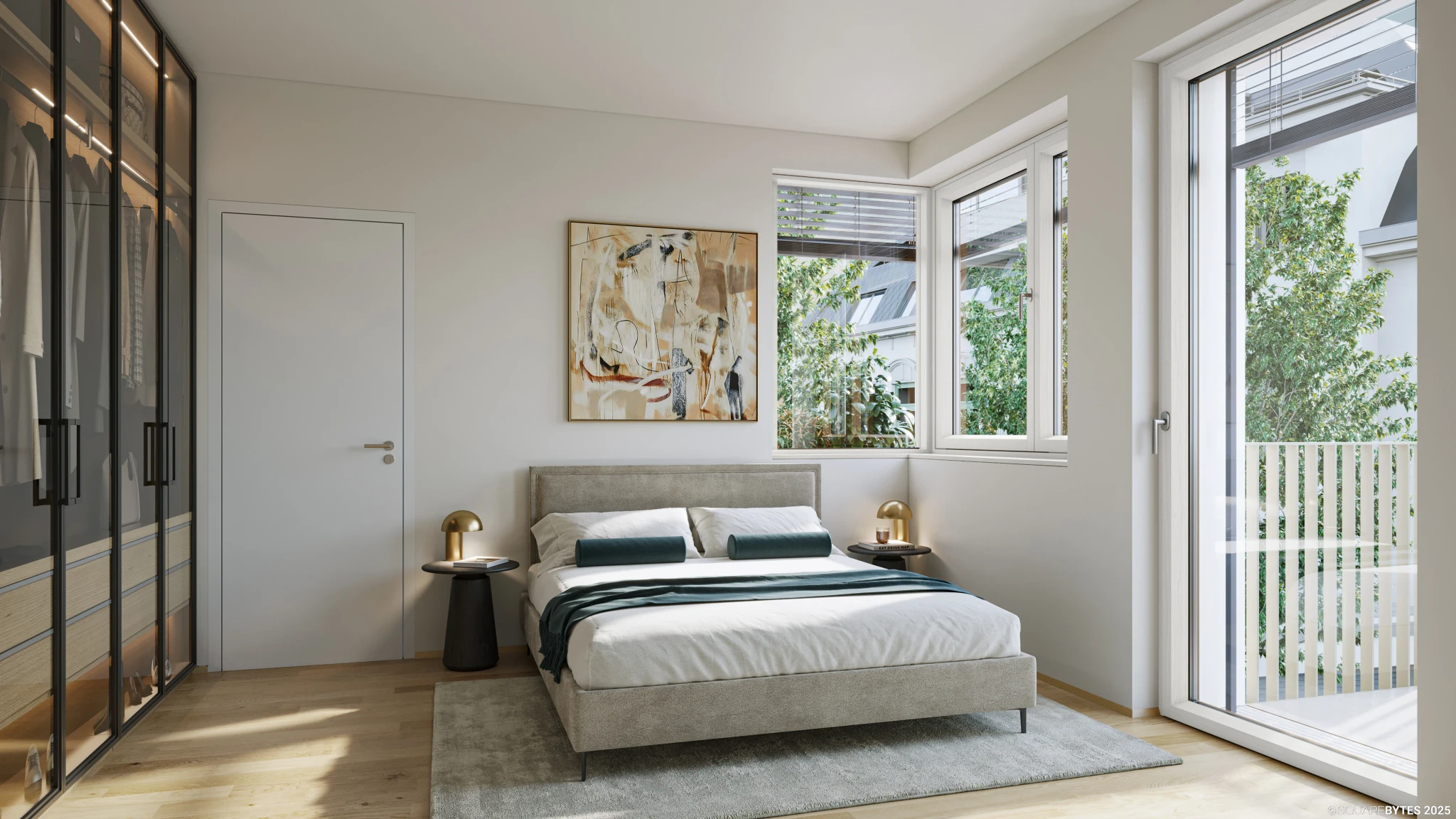Holz-Alu-Fenster mit außenliegenden Raffstores - hochwertige Ausstattung der Parkvillen Harmonie 17 in Wien 17.