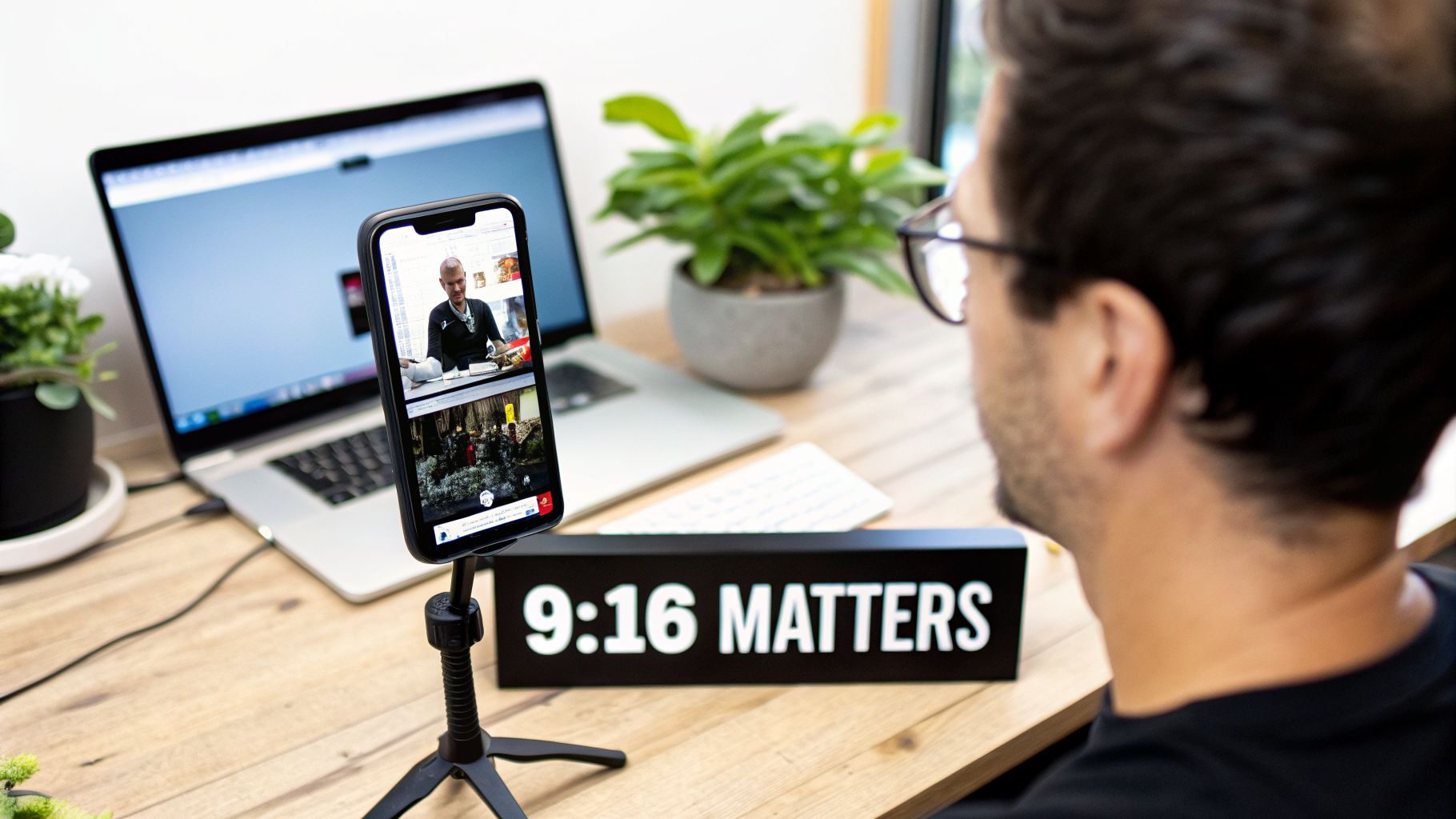 A person views a smartphone on a tripod displaying two vertical videos, with a 