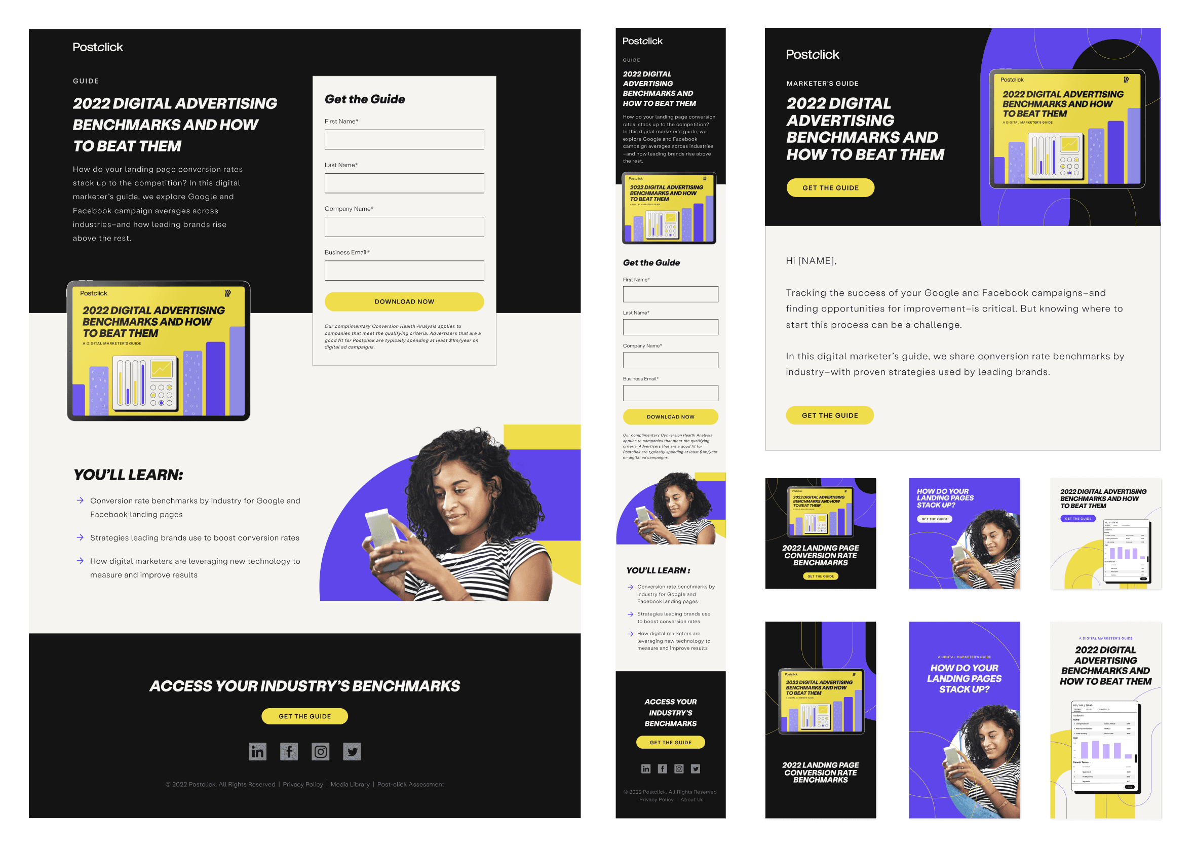 Landing page on desktop and mobile, marketing email and paid ads and social posts connecting back to the ebook benchmarks marketing campaign