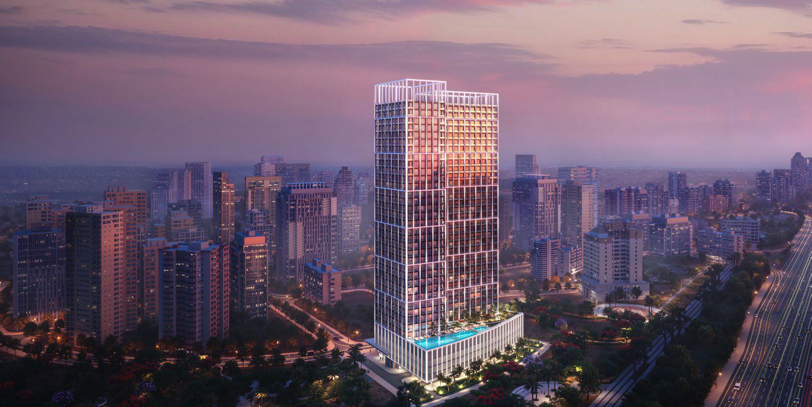 Stunning night view of Binghatti Titania; high-rise luxury living and prime real estate in Dubai.