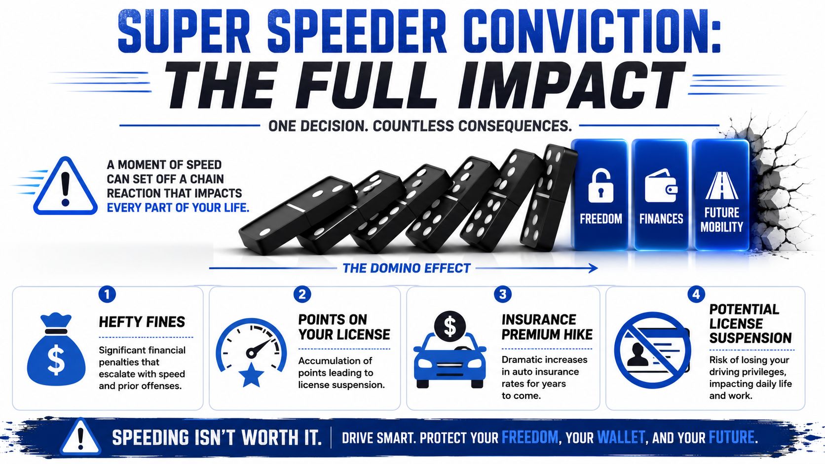 An infographic showing the consequences of a super speeder conviction, including fines, license points, insurance hikes, and suspension.