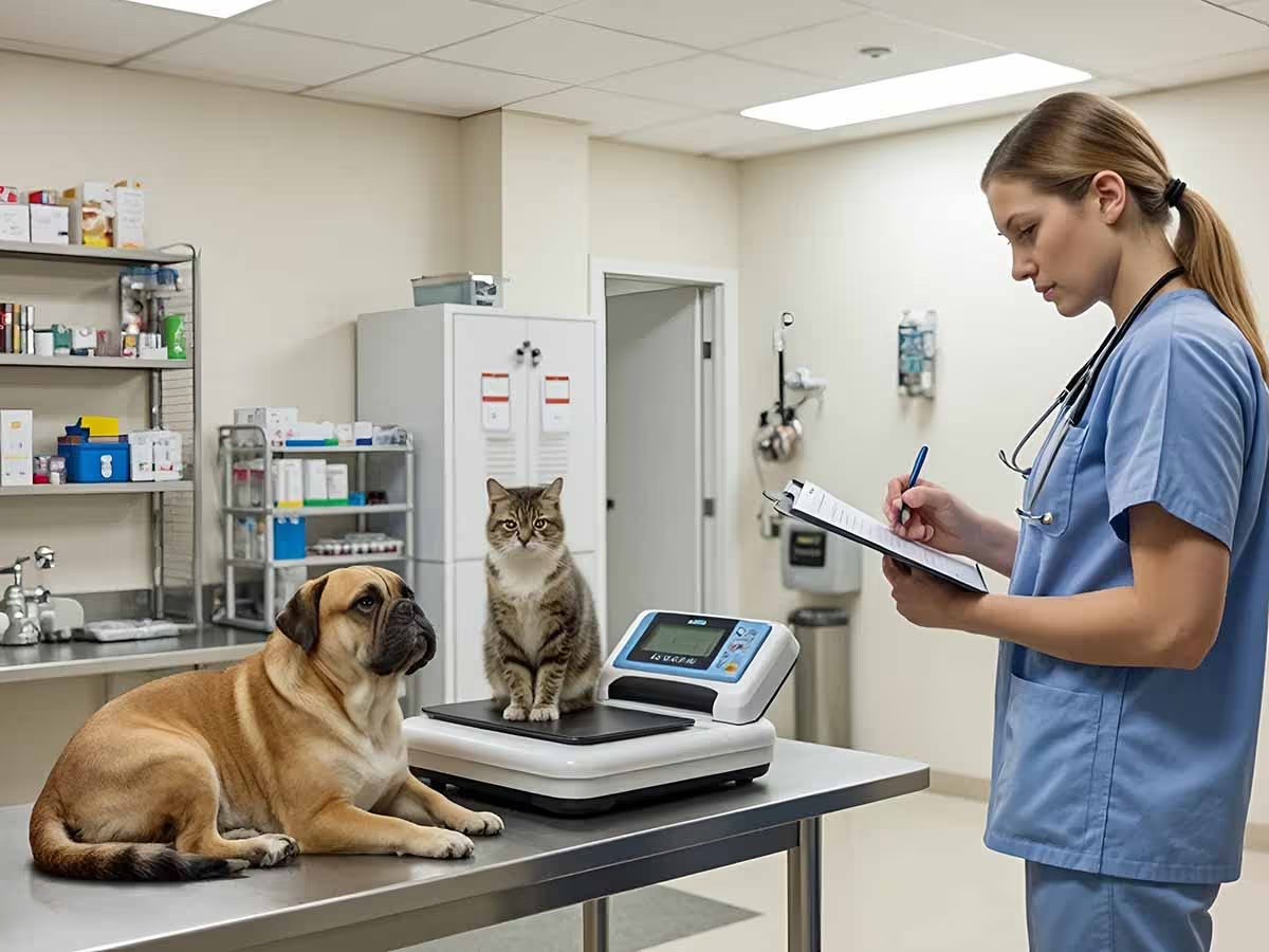 Veterinary technician weighing a pug and a cat at an animal clinic, with medical supplies visible in the background.