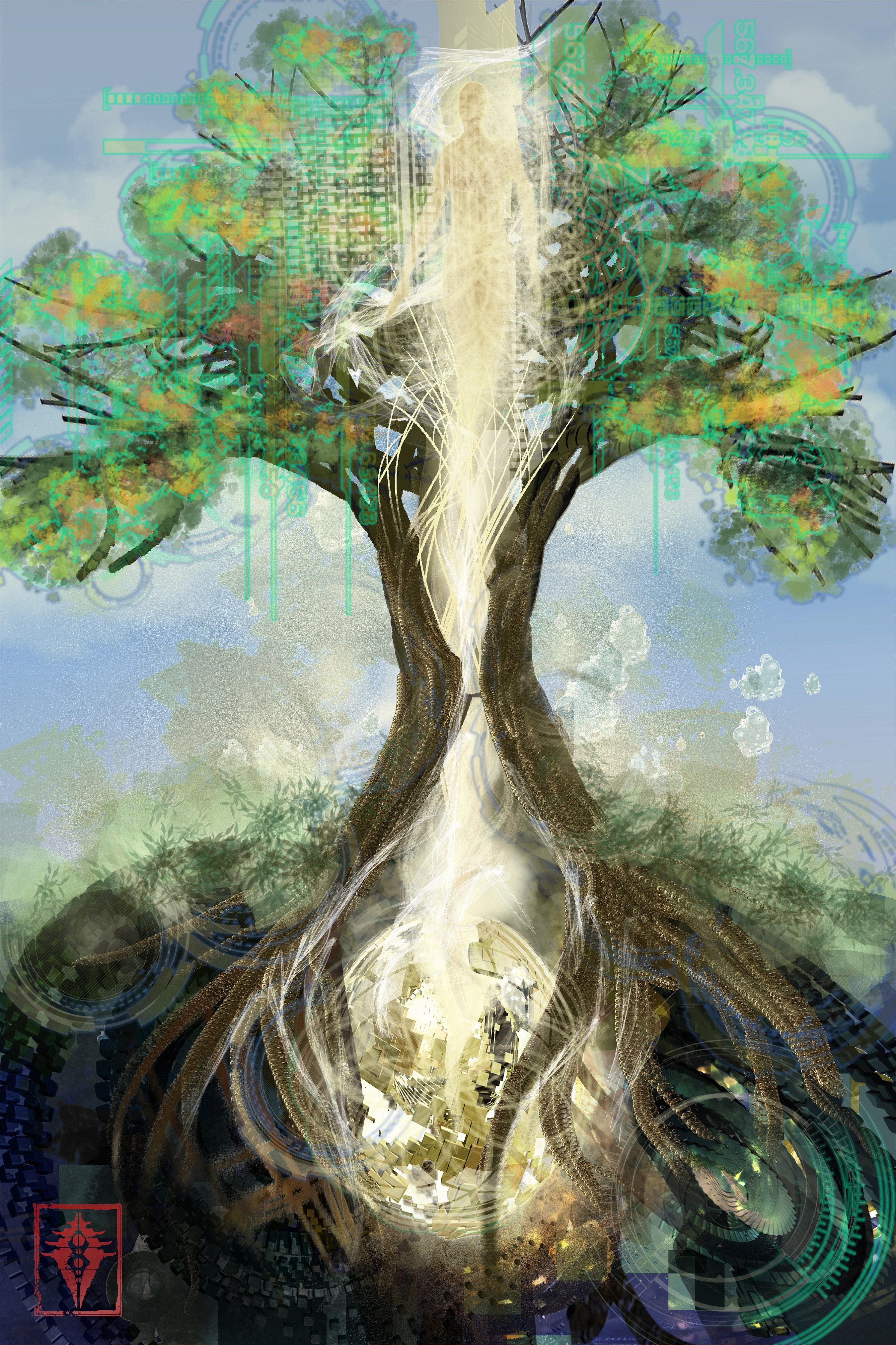 A vintage illustration of a majestic waterfall surrounded by lush greenery