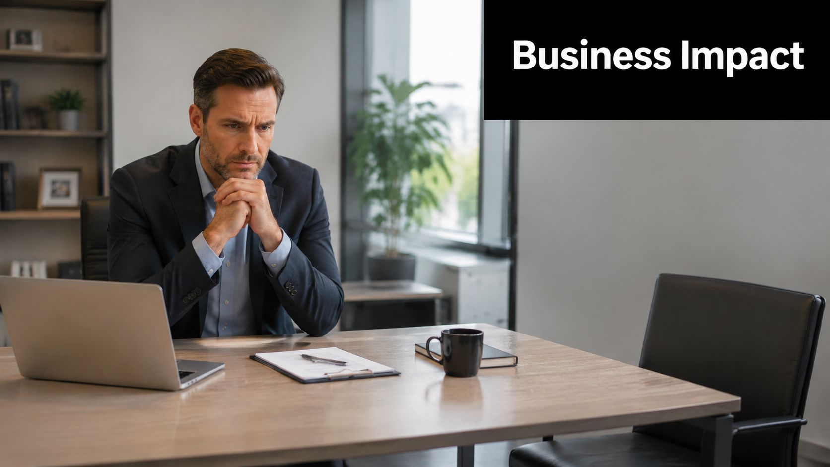 A concerned businessman sitting at a desk with a laptop, reflecting on business impact and risk.