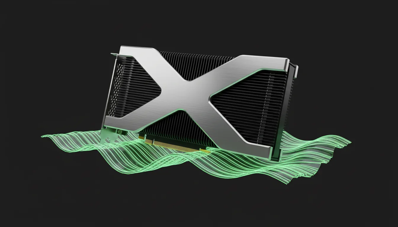 3D render of a futuristic NVIDIA GeForce RTX graphics card, presented as a high-end product shot. The GPU features a sleek design with a brushed silver metal X-frame over a matte black body with fine cooling fins. It rests at an angle on a dynamic, abstract surface composed of flowing, undulating ribbons that glow with a vibrant green light. Soft global illumination creates cinematic highlights on the metallic textures, set against a stark, pure black studio backdrop.