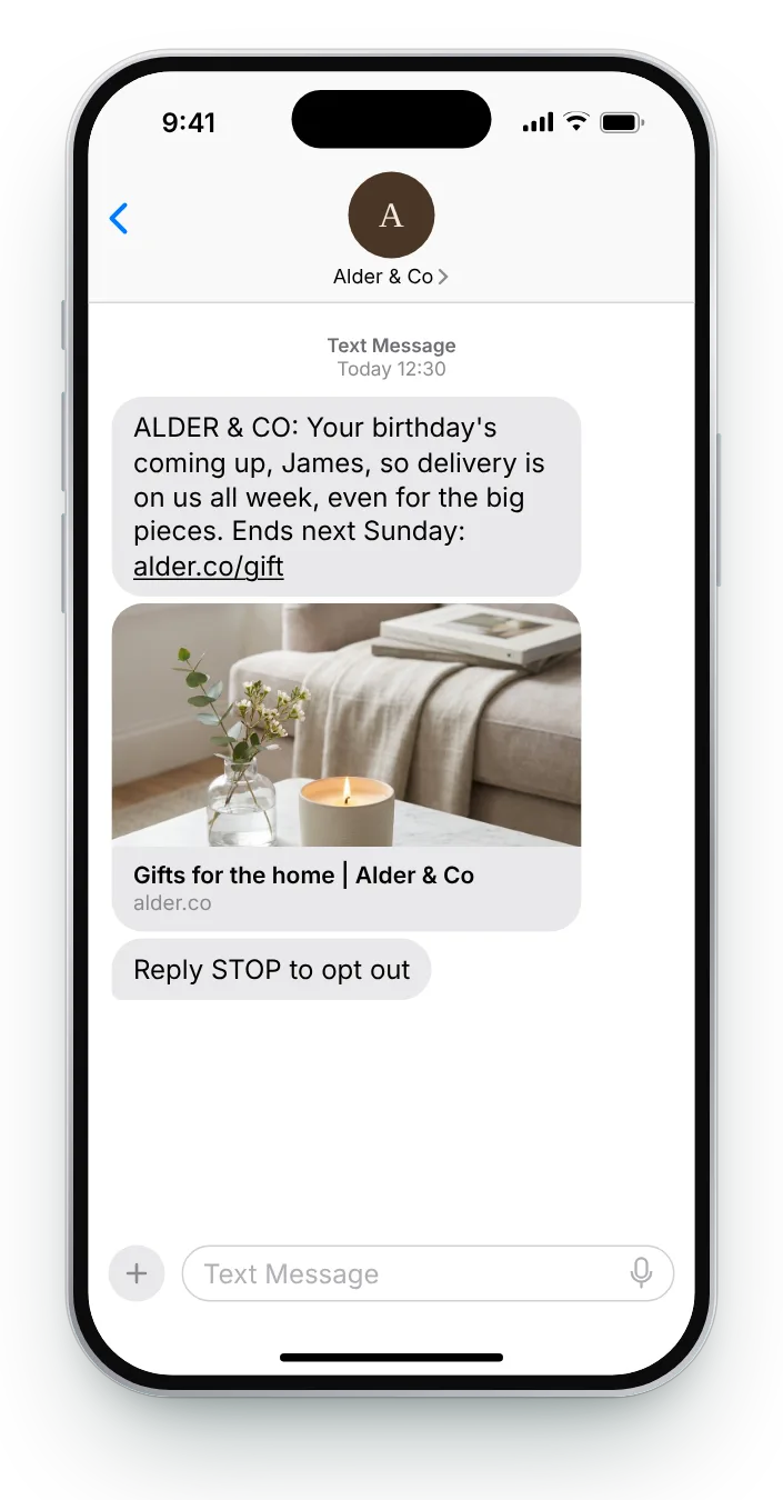 Delivery covered for the week birthday text on an iPhone