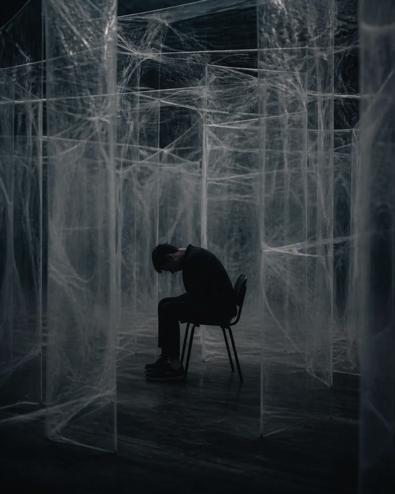 A person sitting with their head bowed, surrounded by invisible walls and fog representing mental blocks and the feeling of being plateaued