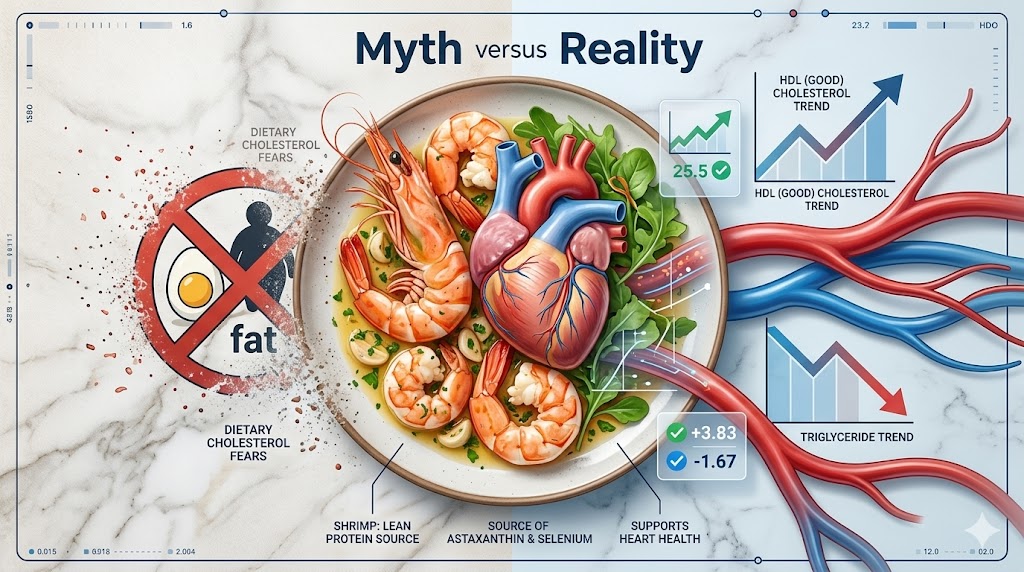 A detailed medical infographic comparing common myths to reality regarding shrimp and heart health. In the center, a plate with photorealistic cooked shrimp and fresh greens is subtly integrated with a detailed anatomical human heart. Large red and blue blood vessels extend from the heart. On the left, an old-fashioned cholesterol warning symbol, labeled 'DIETARY CHOLESTEROL FEARS' and showing an egg with a 'fat' strikethrough, is fading and breaking apart. On the right, clean medical data charts and text show a rising 'HDL (GOOD) CHOLESTEROL TREND' and a falling 'TRIGLYCERIDE TREND' with upward and downward arrows and data points. Text labels around the central plate highlight shrimp's benefits: 'SHRIMP: LEAN PROTEIN SOURCE,' 'SOURCE OF ASTAXANTHIN & SELENIUM,' and 'SUPPORTS HEART HEALTH.' The entire composition has a modern scientific magazine style with high detail, a clean aesthetic, and blue and red accents, against a marble background with data points.