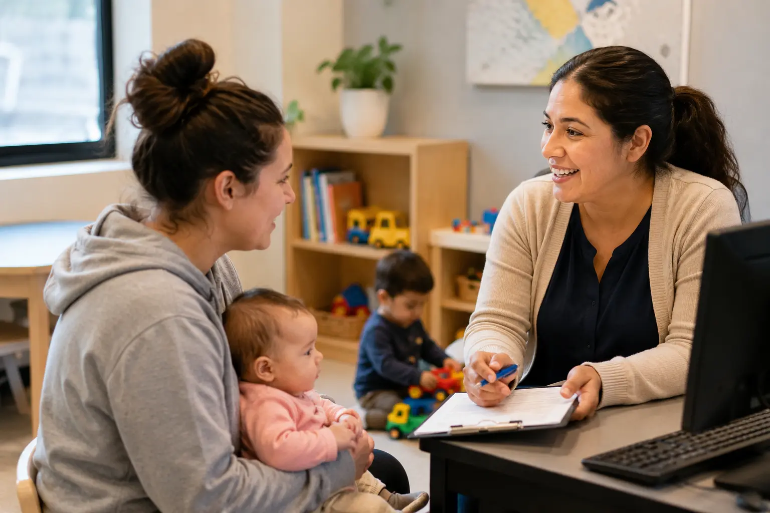 a woman holding a baby talks to another woman with a clipboard in a daycare setting