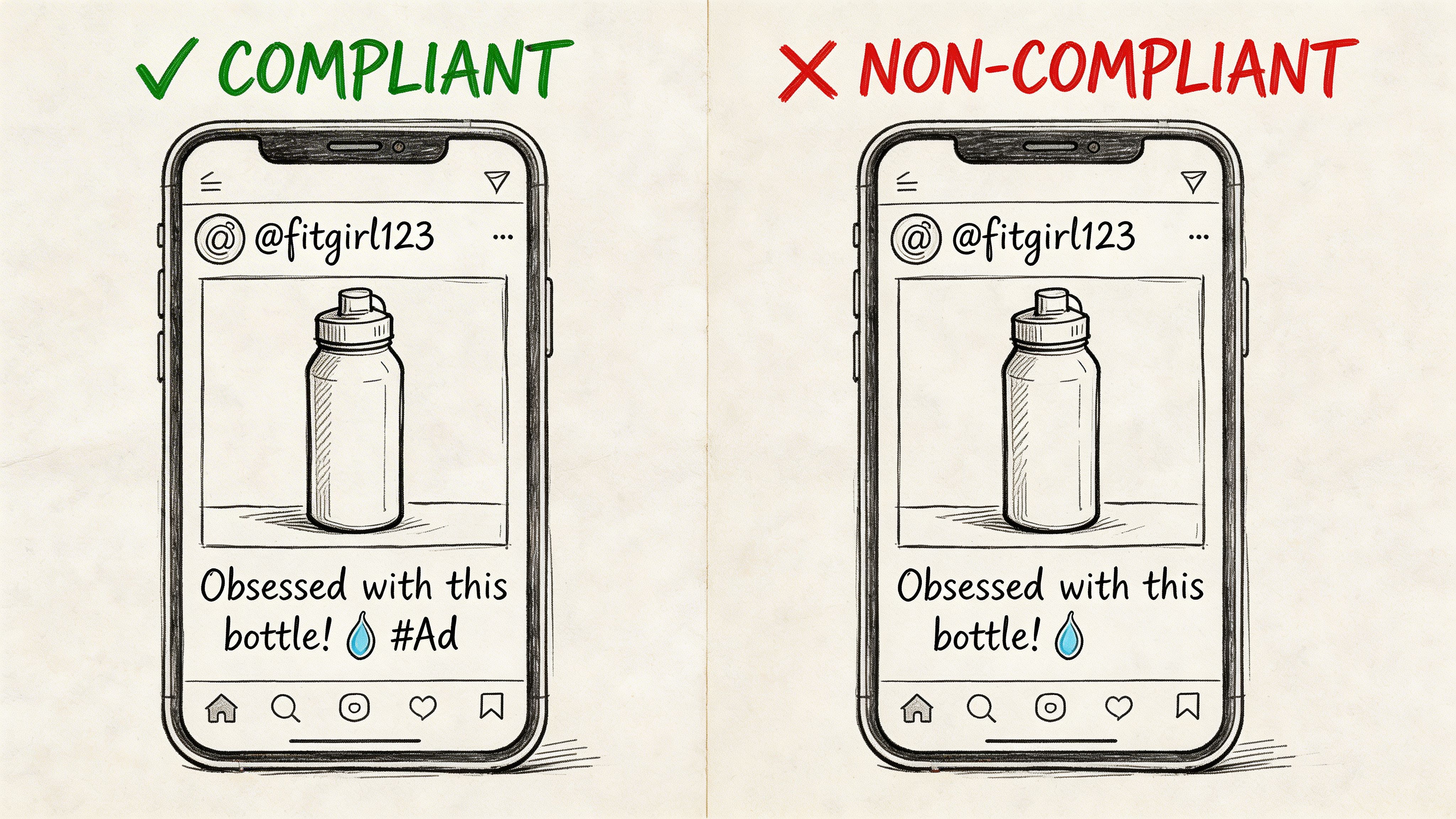 A diagram comparing compliant and non-compliant social media influencer marketing posts regarding FTC advertising disclosure requirements.