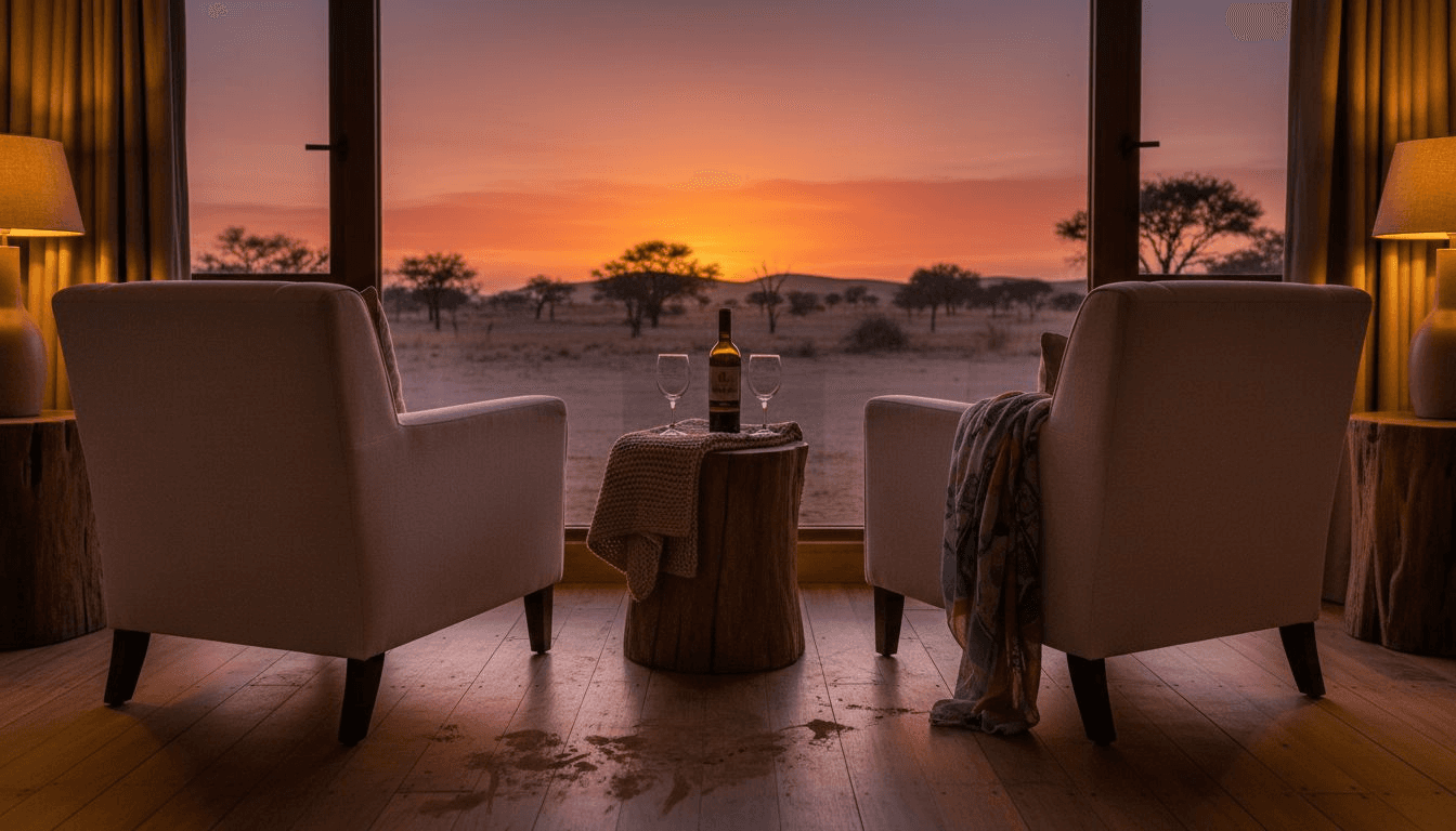 Lodge de charme et d’exception au cœur de la Namibie, baigné par la lumière dorée du coucher de soleil.