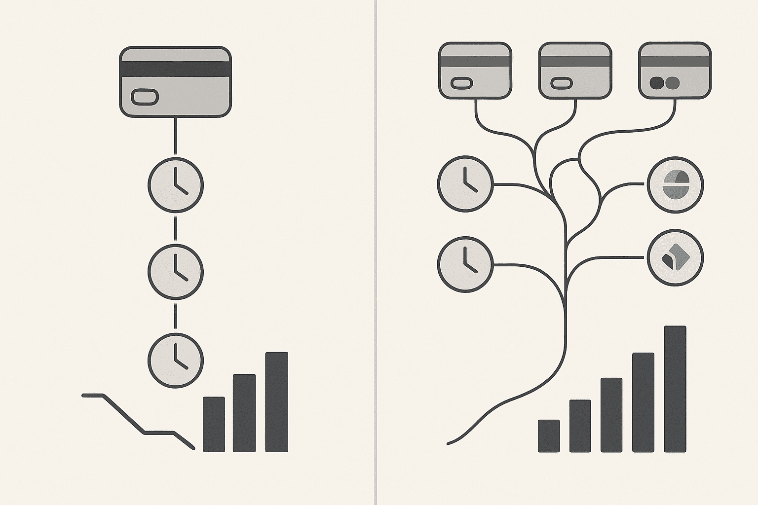 Side-by-side diagram contrasting basic retry schedule with AI-powered enterprise dunning capabilities