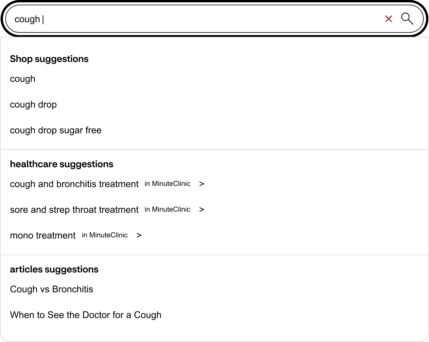 a medium fidelity wireframe showing search suggestions for cough, with suggestions for searches in articles and healthcare sections