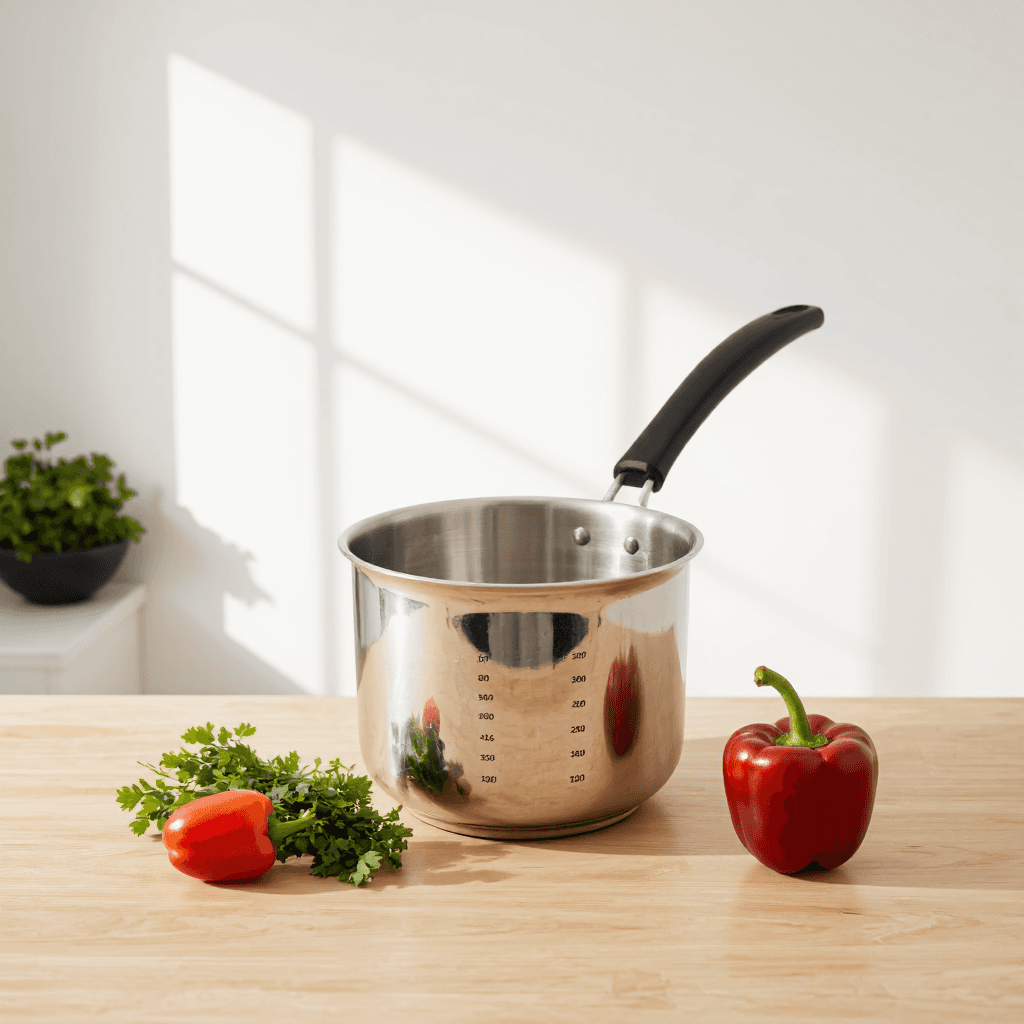product photography of a stainless steel cooking pot with a black handle, used for boiling or cooking food
