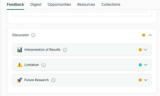 thesify Discussion section feedback showing Interpretation of Results, Limitation, and Future Research modules