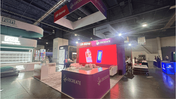 Geekbar CHAMPS Las Vegas 2025 July 20x60 booth overview with large LED wall, branded product display, and open visitor circulation