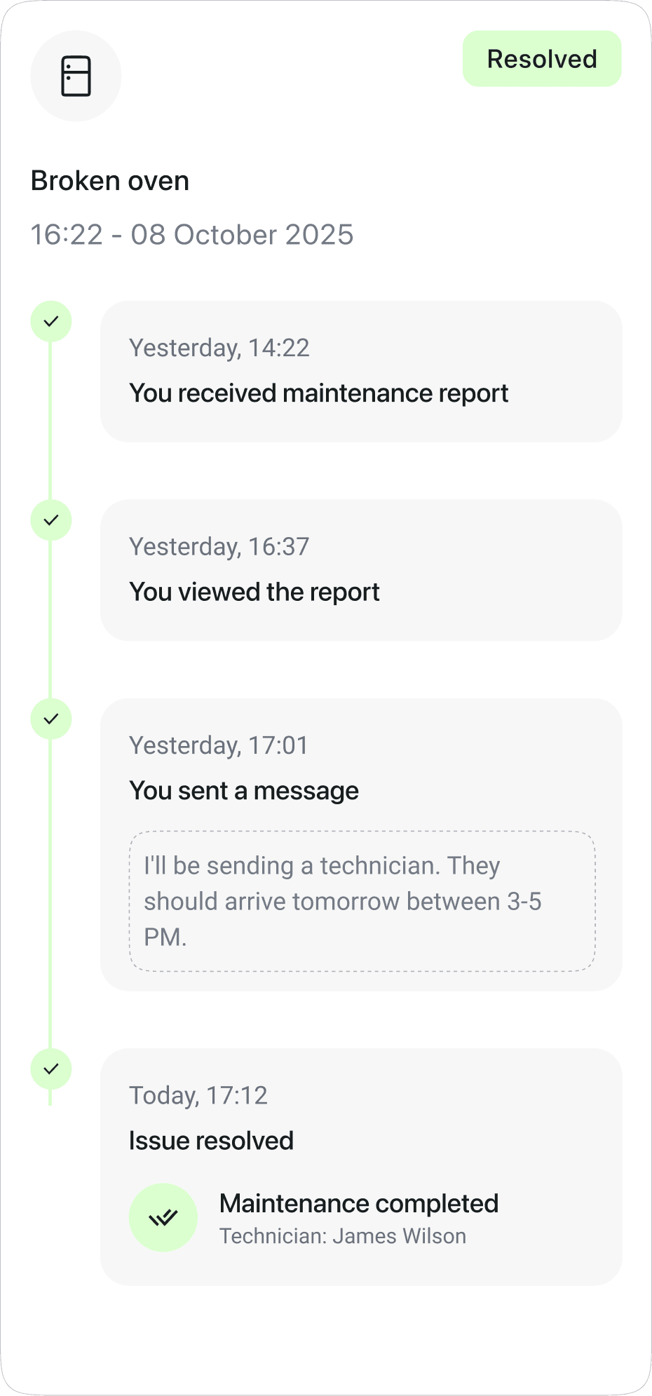 August maintenance log for a broken oven HMO repair, showing a timestamped audit trail of the report, the message to the tenant, and the resolution.