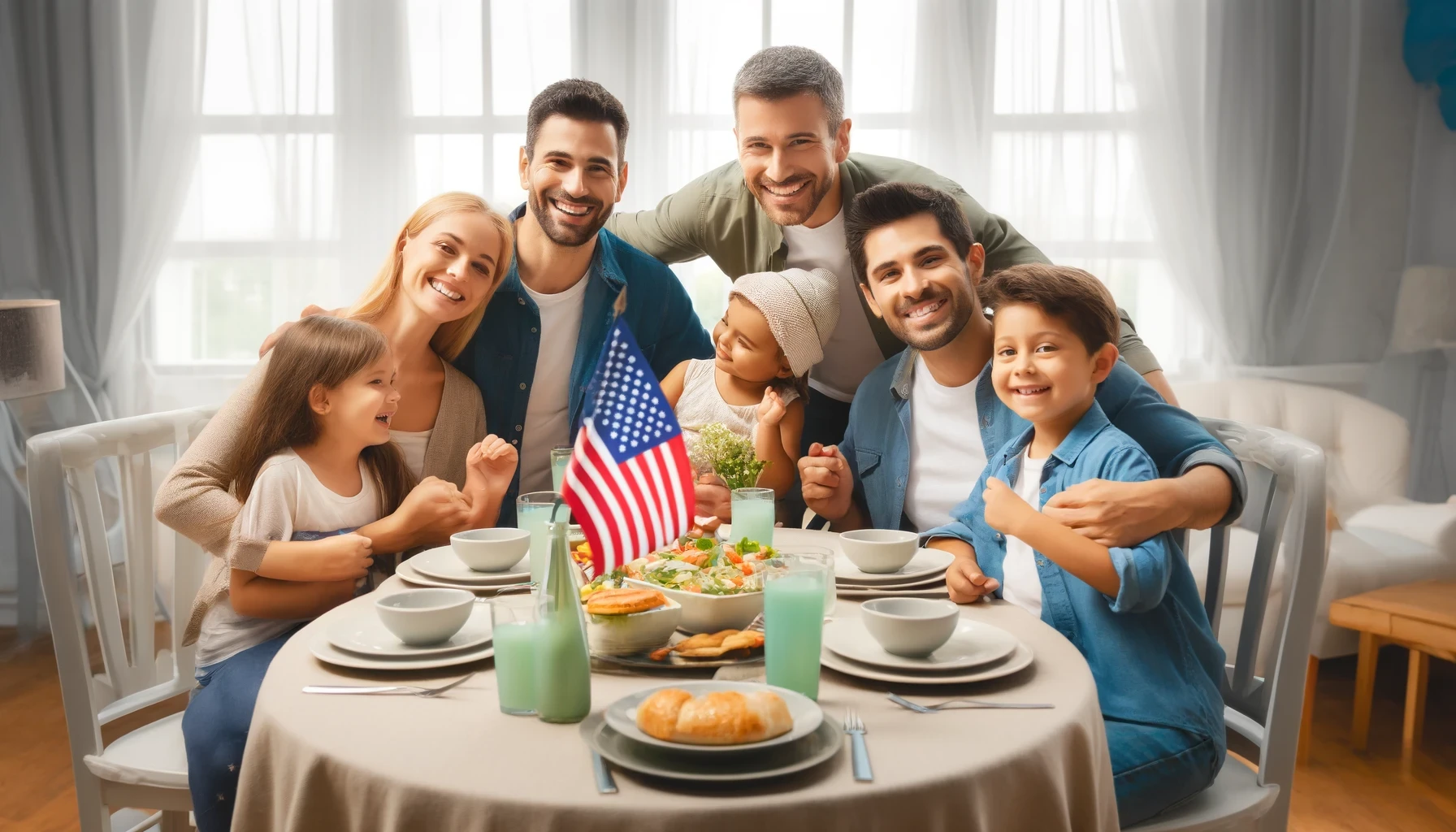 A diverse family, representing multiple generations and backgrounds, sitting around a table and sharing a celebratory meal, with a small American flag in the middle, symbolizing family unity through the family-based green card process.