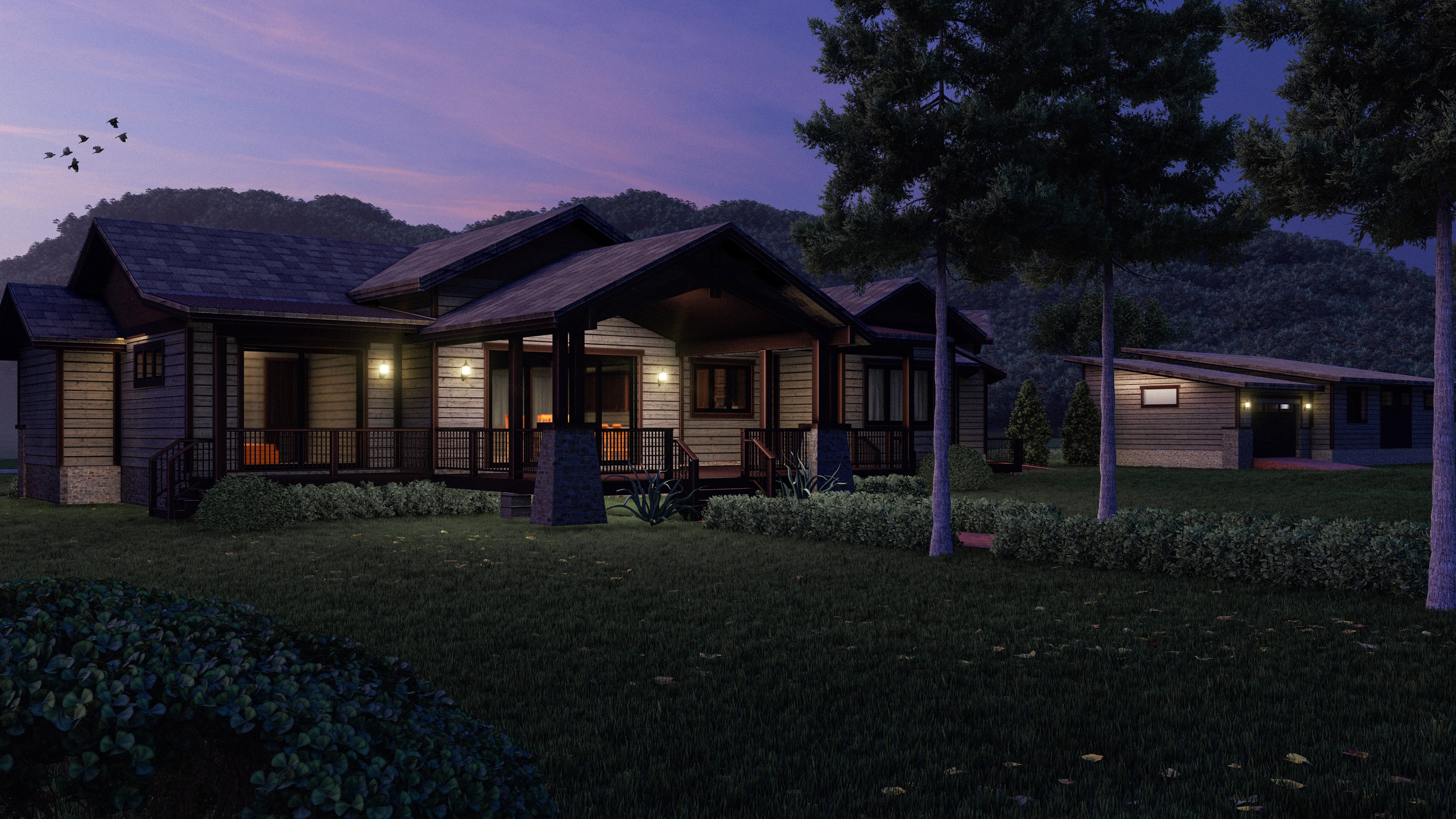 Architect-designed modern ranch-style home with a two-car garage, pitched rooflines, and a welcoming front porch, set against a backdrop of open sky and natural landscape