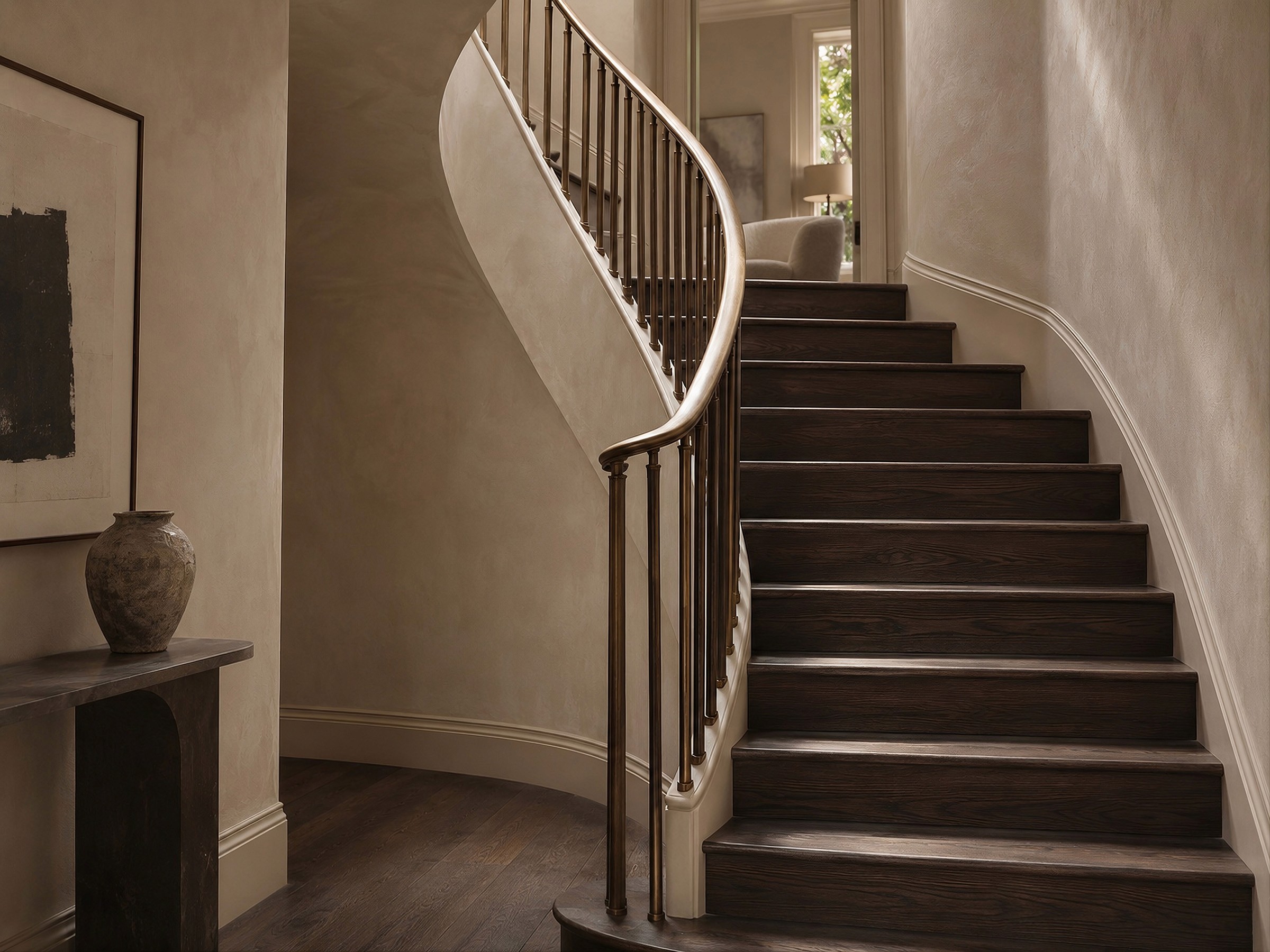 Curved dark wood staircase with bronze spindles in a soft neutral plastered hallway.