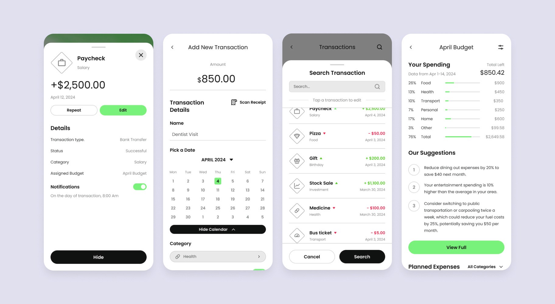 Five mobile app screens from a financial management app showing a paycheck transaction, a form to add a new transaction, a transaction search page, a list of recent transactions, and an April budget overview with spending breakdown and saving suggestions.