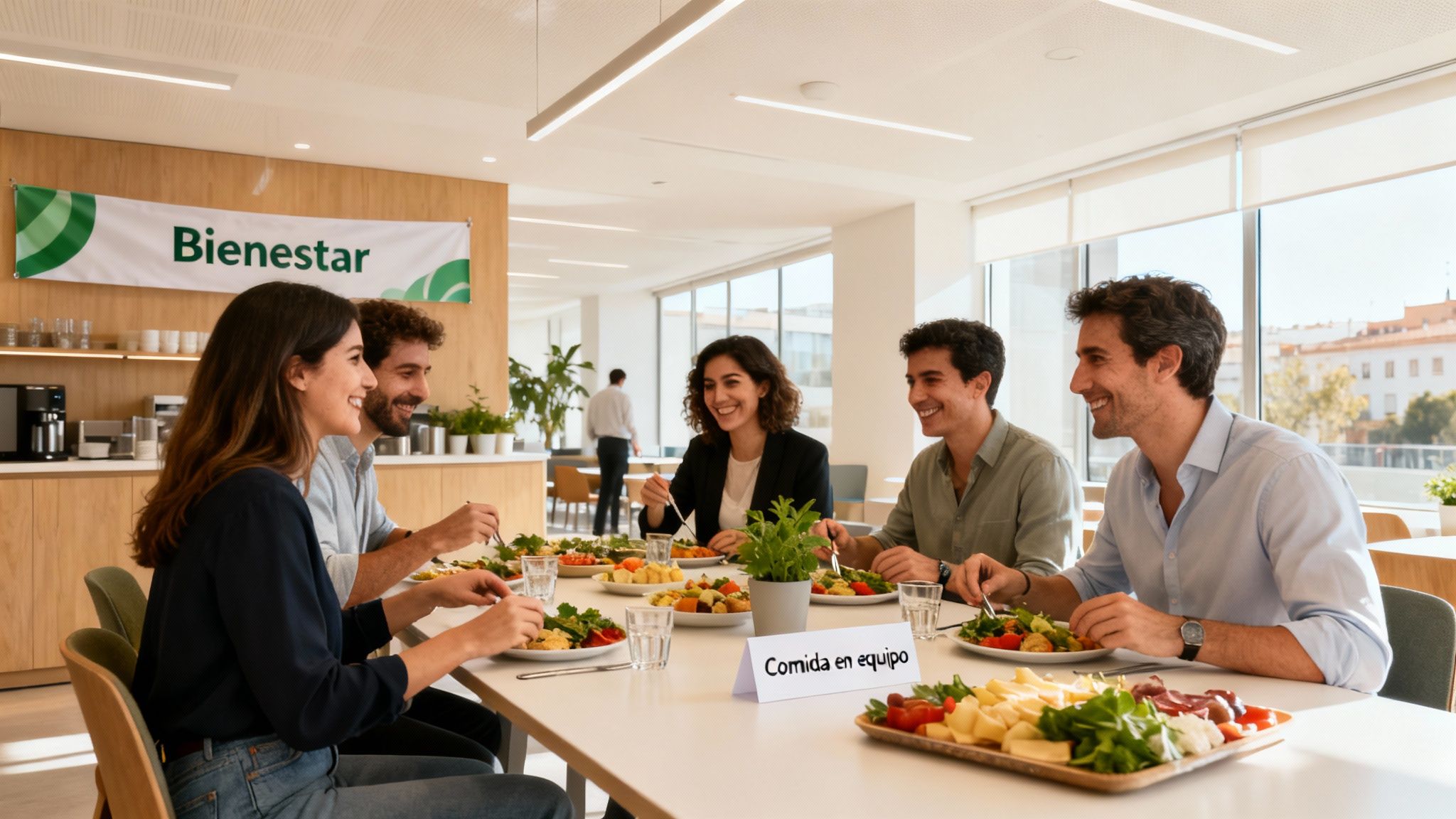 Compañeros sonrientes disfrutando de un almuerzo saludable en la cafetería de la oficina, promoviendo el bienestar y la comida en equipo.