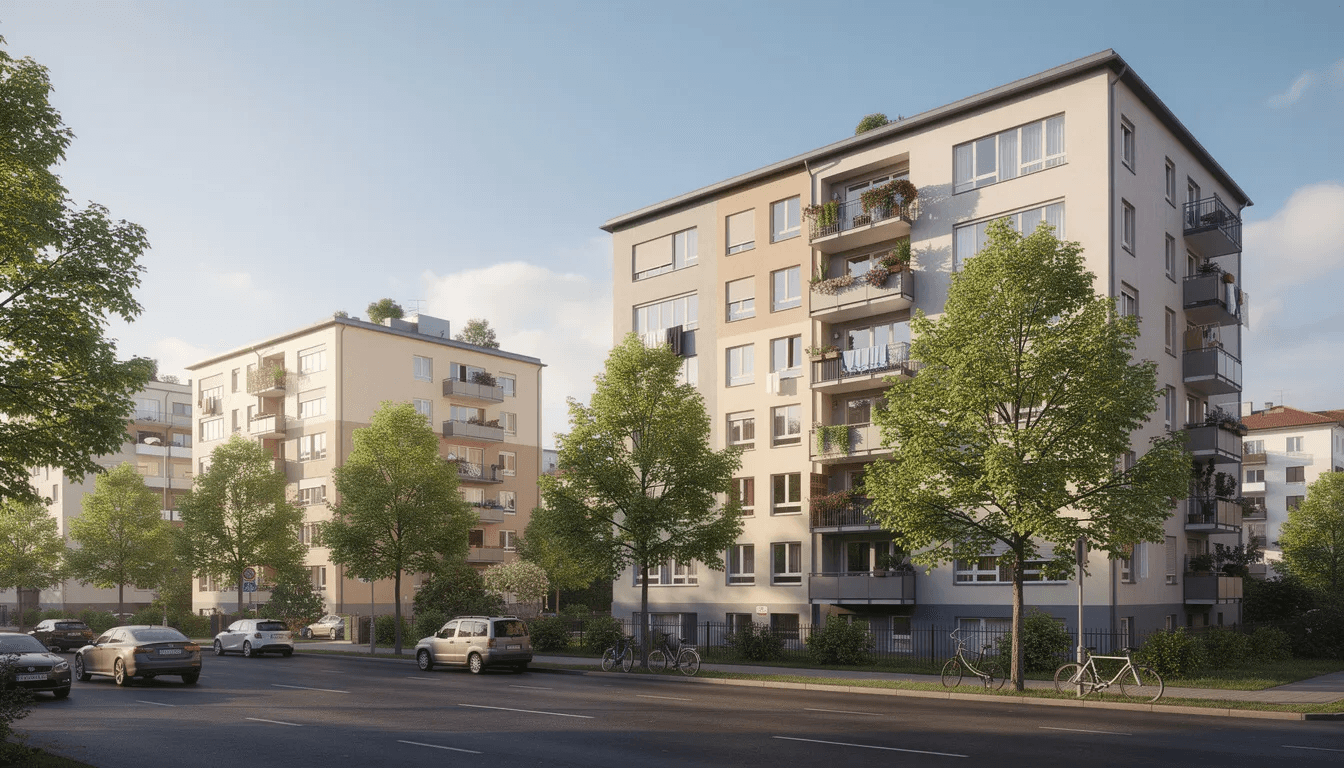 The image depicts a row of apartment buildings situated in a quiet residential neighborhood, surrounded by greenery and sidewalks. These buildings represent potential housing options for individuals receiving benefits like supplemental security income, which can assist with expenses such as rent and household maintenance.
