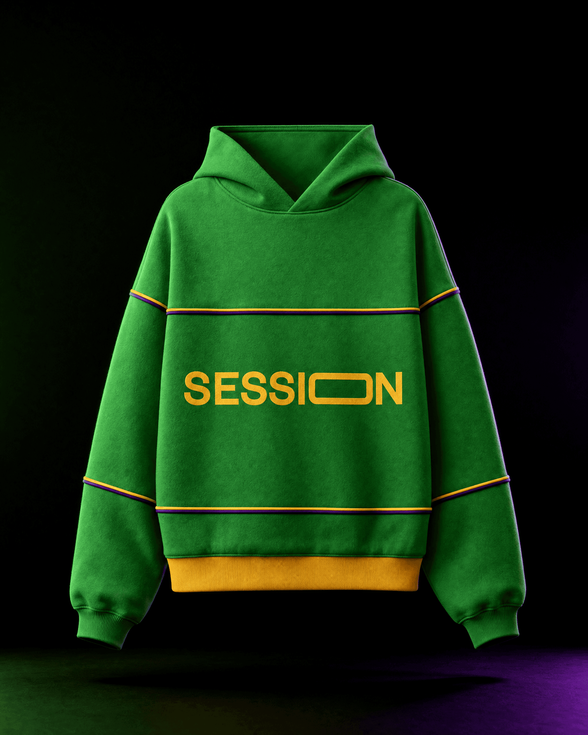 Front of a green Session Zone hoodie with yellow SESSION lettering, yellow stripes and a yellow hem.