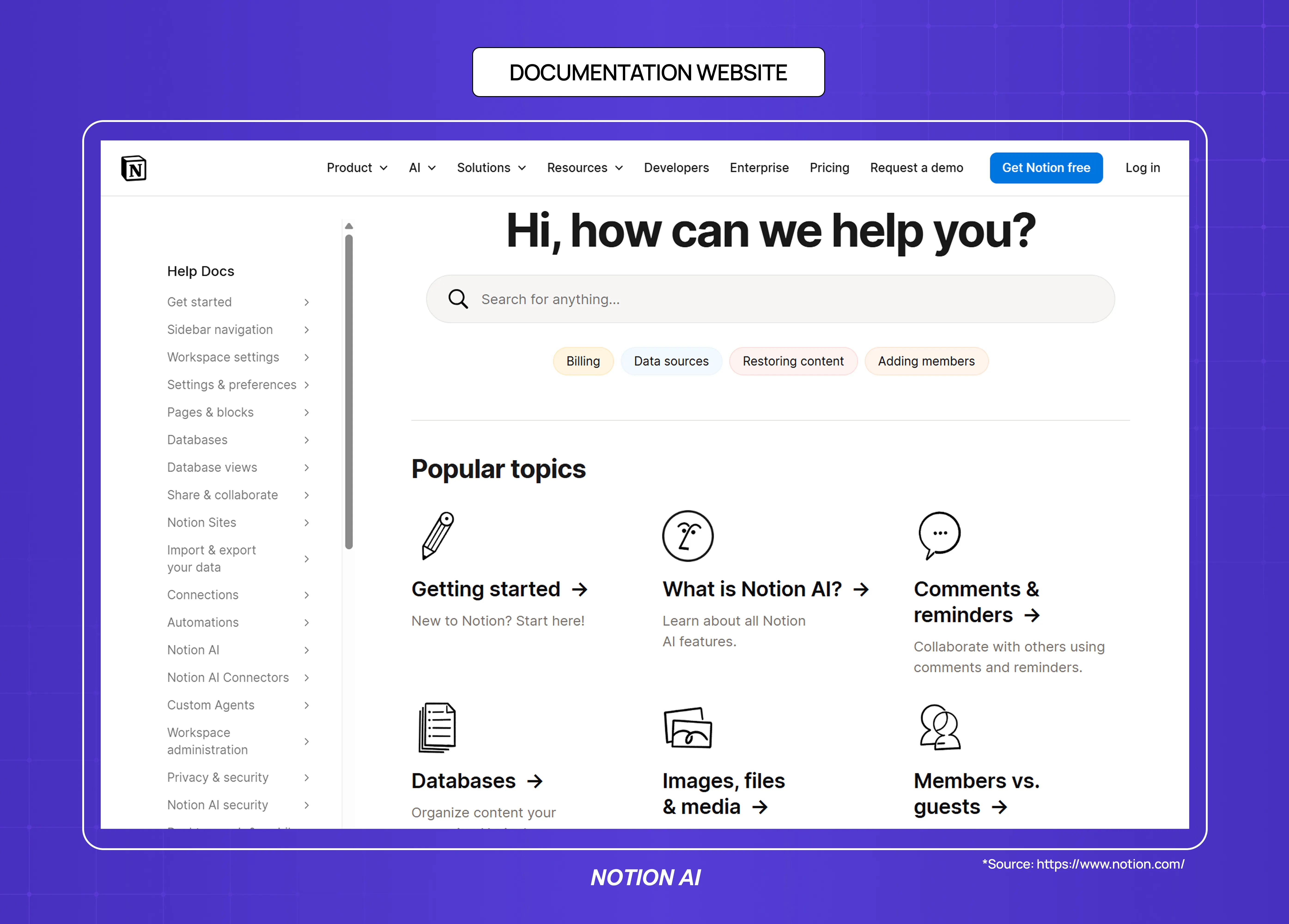 Notion AI documentation and help center interface with searchable knowledge base and categorized support topics.