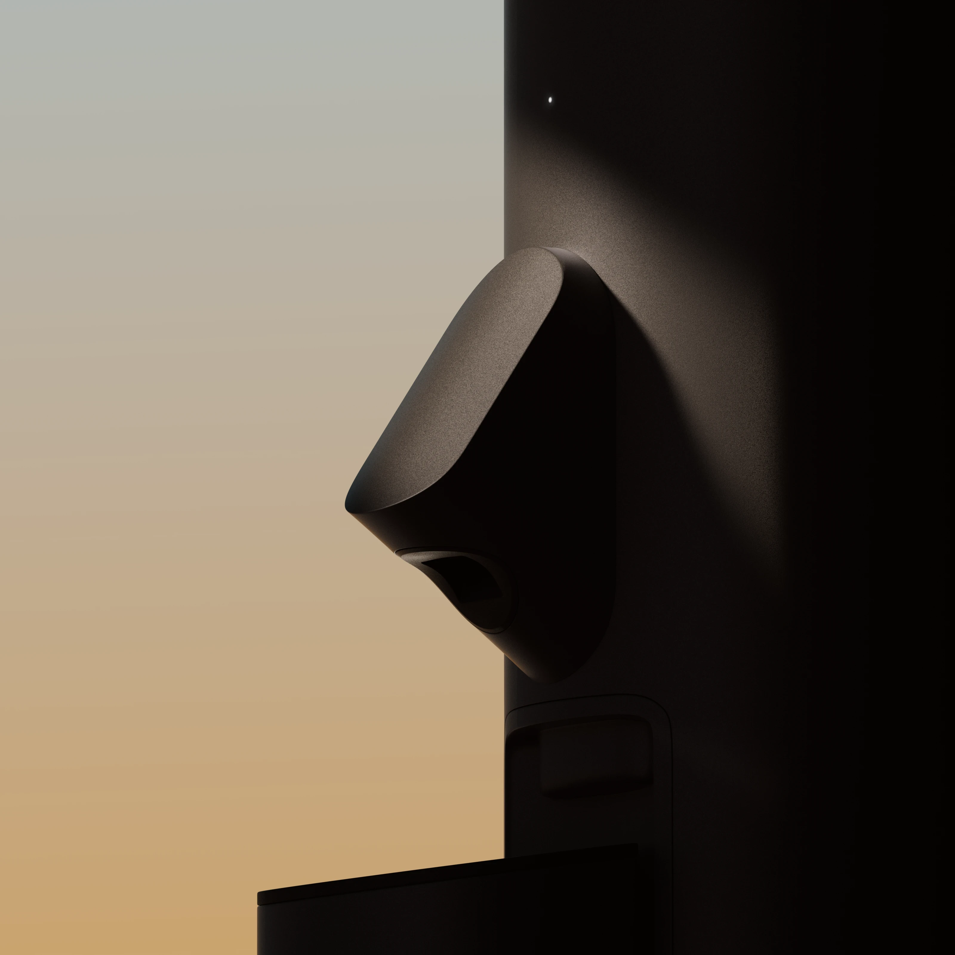 A modern, sleek smart home camera mounted on a wall, silhouetted against a soft gradient background transitioning from beige to gray, conveying sophistication.