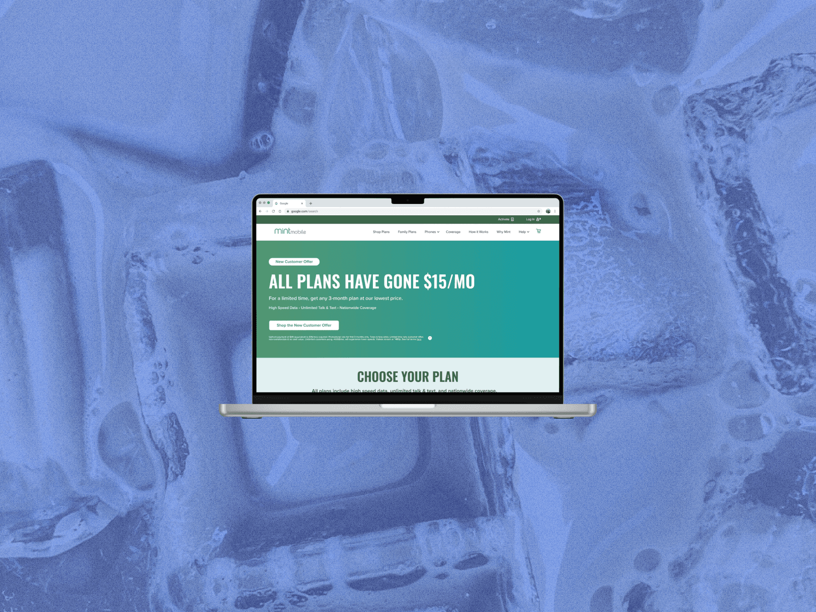 a laptop open to mint mobile's plans page on an abstract blue background
