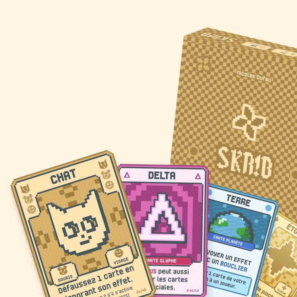 Mockup du jeu SKR!B, design des cartes et packaging.