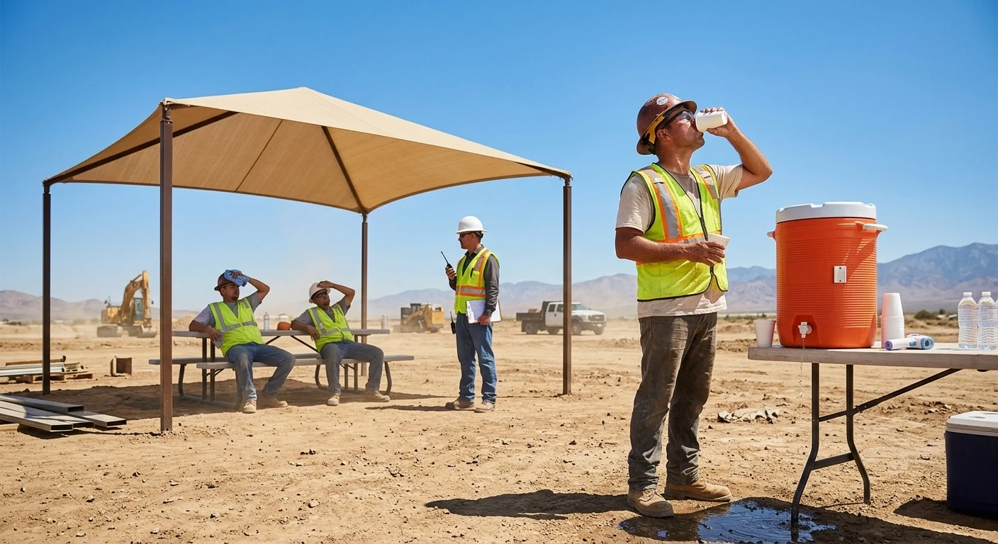 Construction workers taking a break in a hot outdoor environment. One worker drinks from a large orange water cooler while others rest on a bench under a shade canopy, illustrating Cal/OSHA outdoor heat illness prevention requirements for providing fresh water and shaded recovery areas.