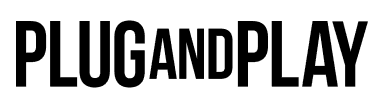 The image shows a black and white logo with the bold text "PLUGANDPLAY" in a modern sans-serif font, symbolizing innovation and technology.