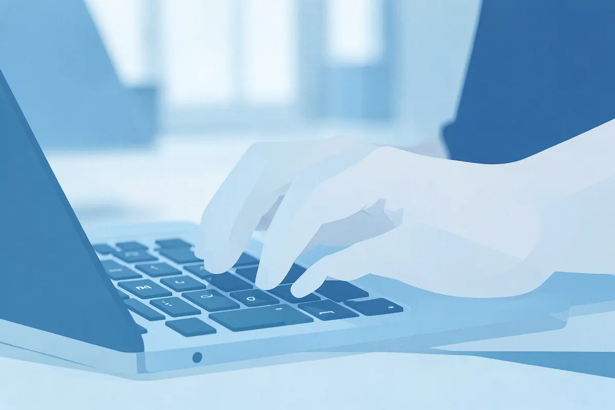 A person typing on a laptop keyboard with a blurred background of a modern office.