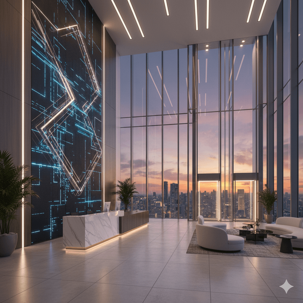 Luxury modern office lobby at Sector 113 Gurugram with marble interiors and high-rise city views at sunset