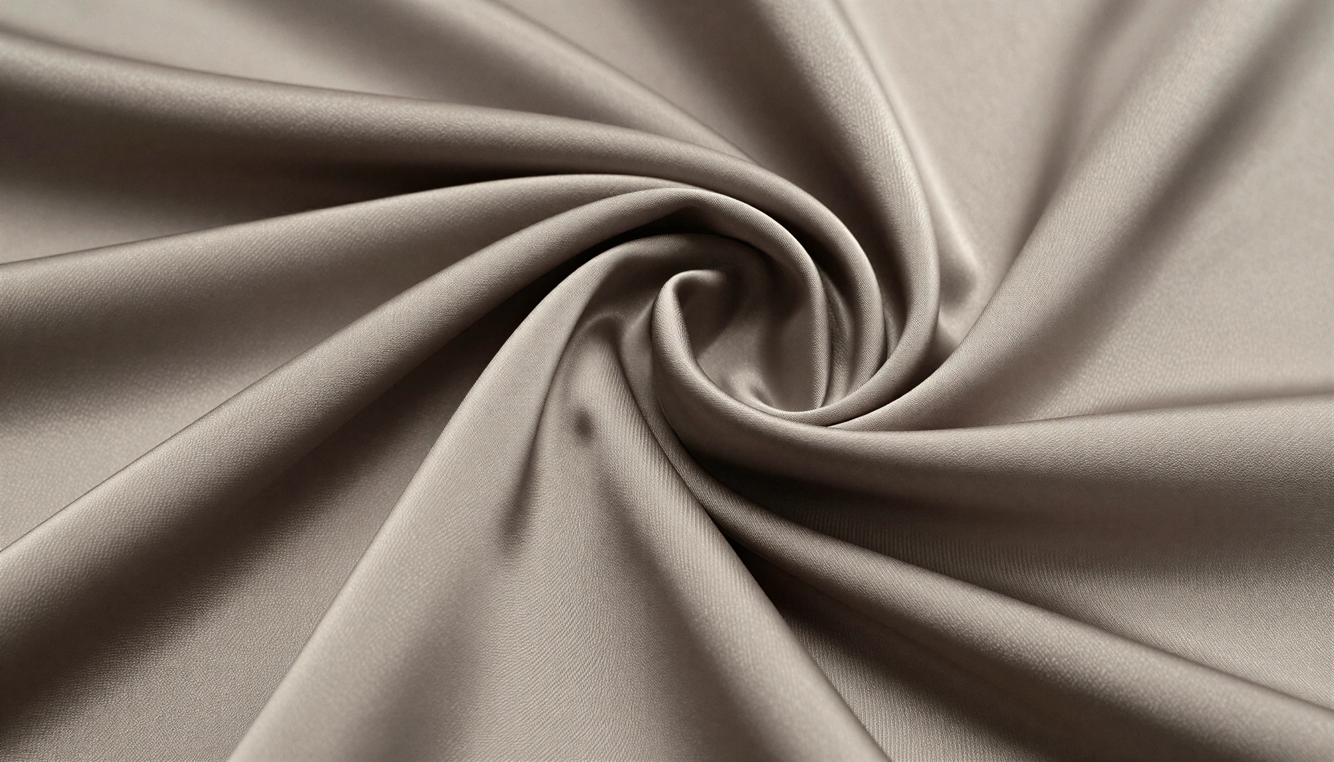 Close-up of taupe twill fabric twisted into soft folds.
