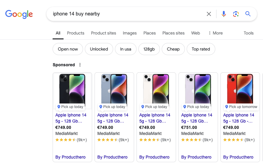 Google-Shopping-Anzeigen für das iPhone 14 mit dem Label Pick up today aus einem Local-Inventory-Ads-Feed