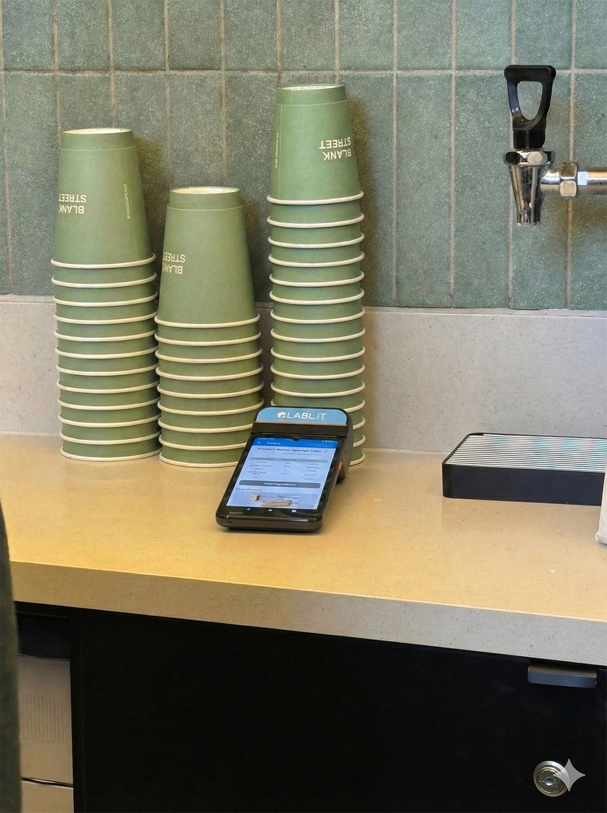 A Labl.it device on a countertop in a in a commercial kitchen.