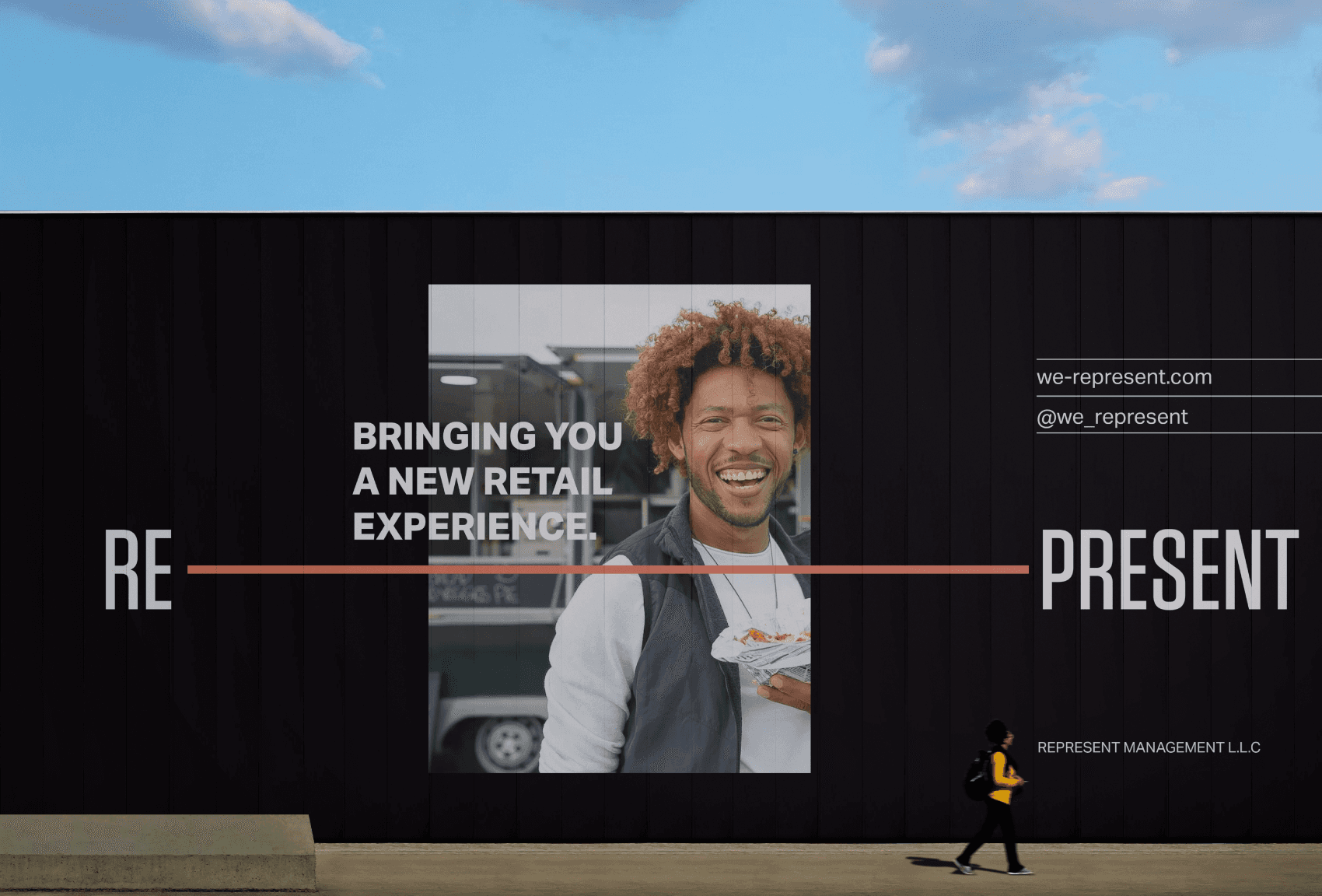 Represent Retail Management L.L.C, DUbai. UAE. outdoor hoarding sign, Bringin yo0u a new retail experience, we are represet, @wearerepresent, logo stretched., 