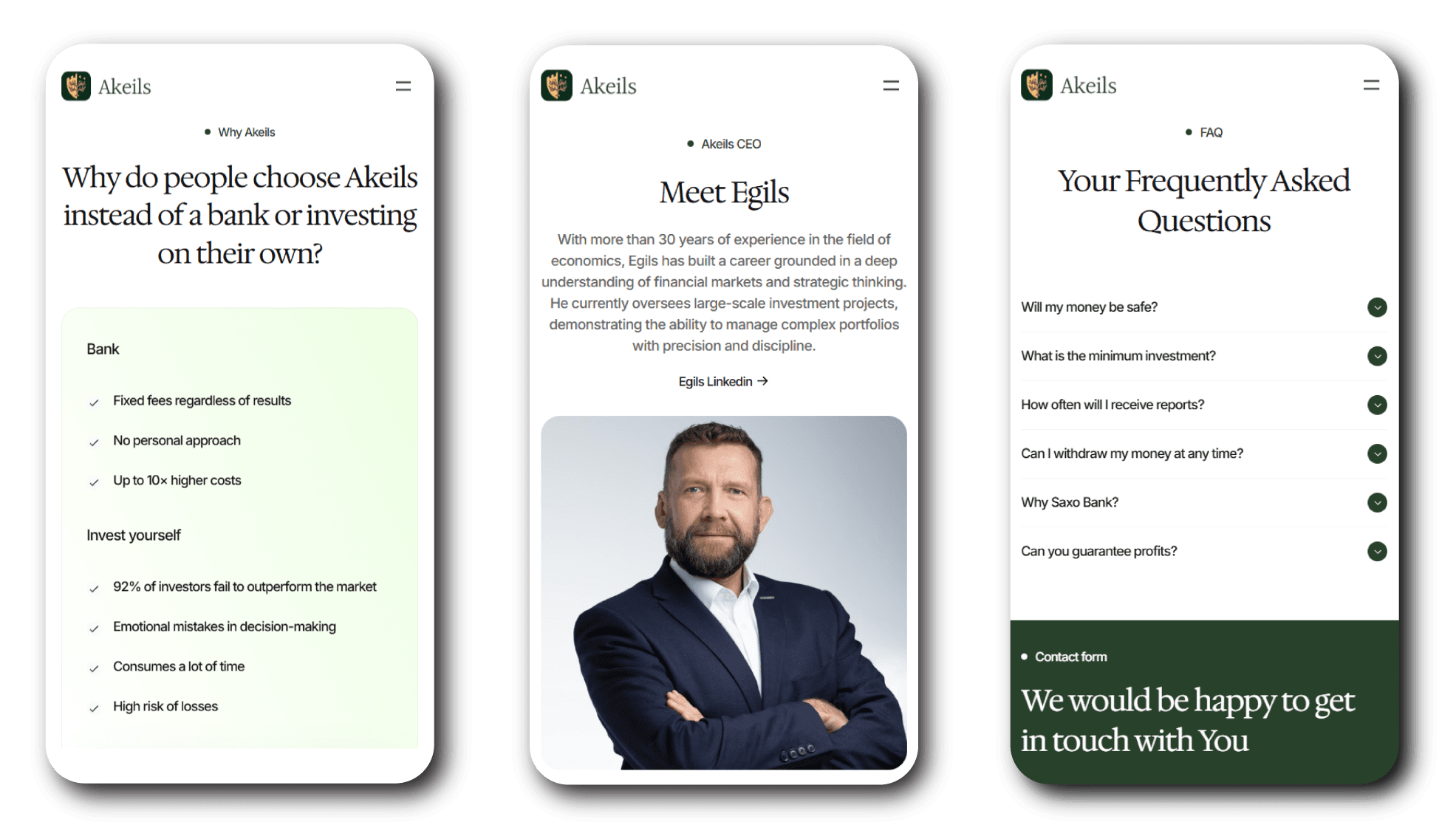 Akeils investment website mobile design showing why choose Akeils comparison page, CEO Egils profile, and FAQ section with contact form