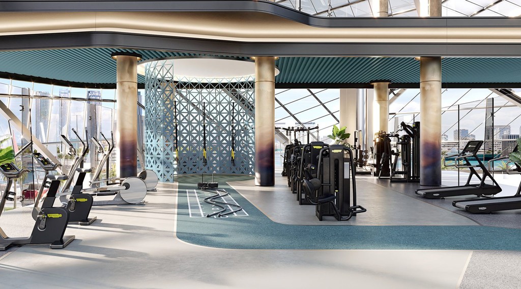 A gym in Portside Square featuring a large window and a spacious mirror reflecting the workout area.