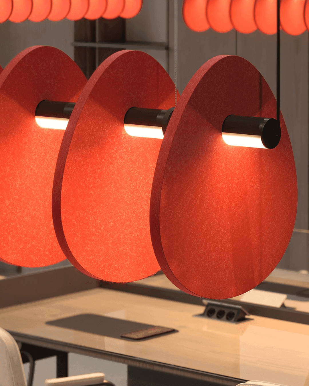 Detalle lámpara LED Blaber Pick con paneles fonoabsorbentes de Beneito Faure