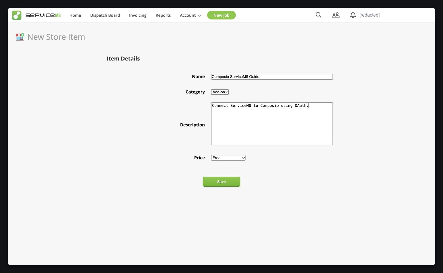 Enter an add-on name and description; keep Price set to Free