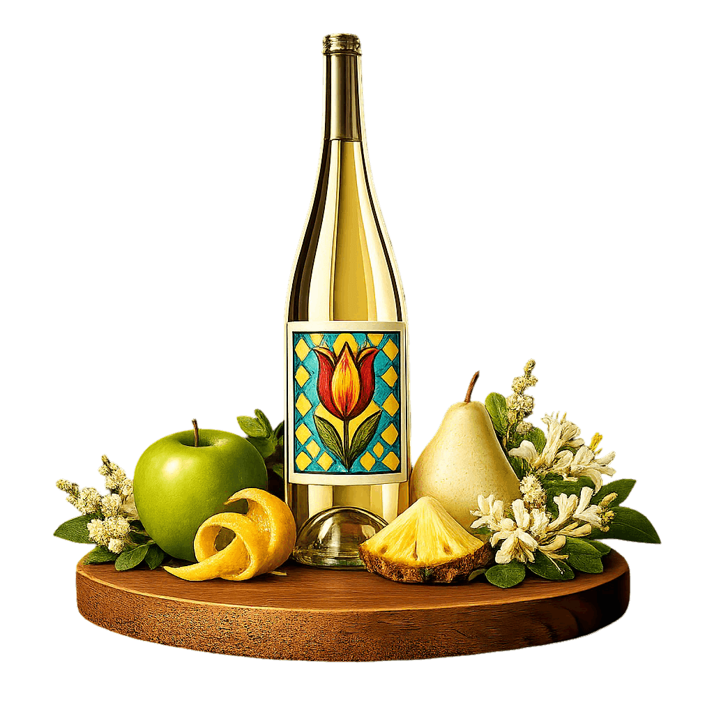 Artistic label and flavor profile for Turkish Sultaniye on a rustic wooden table.